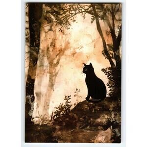Vintage Halloween Postcard Black Cat Silhouette in Forest Scene 5.5x4